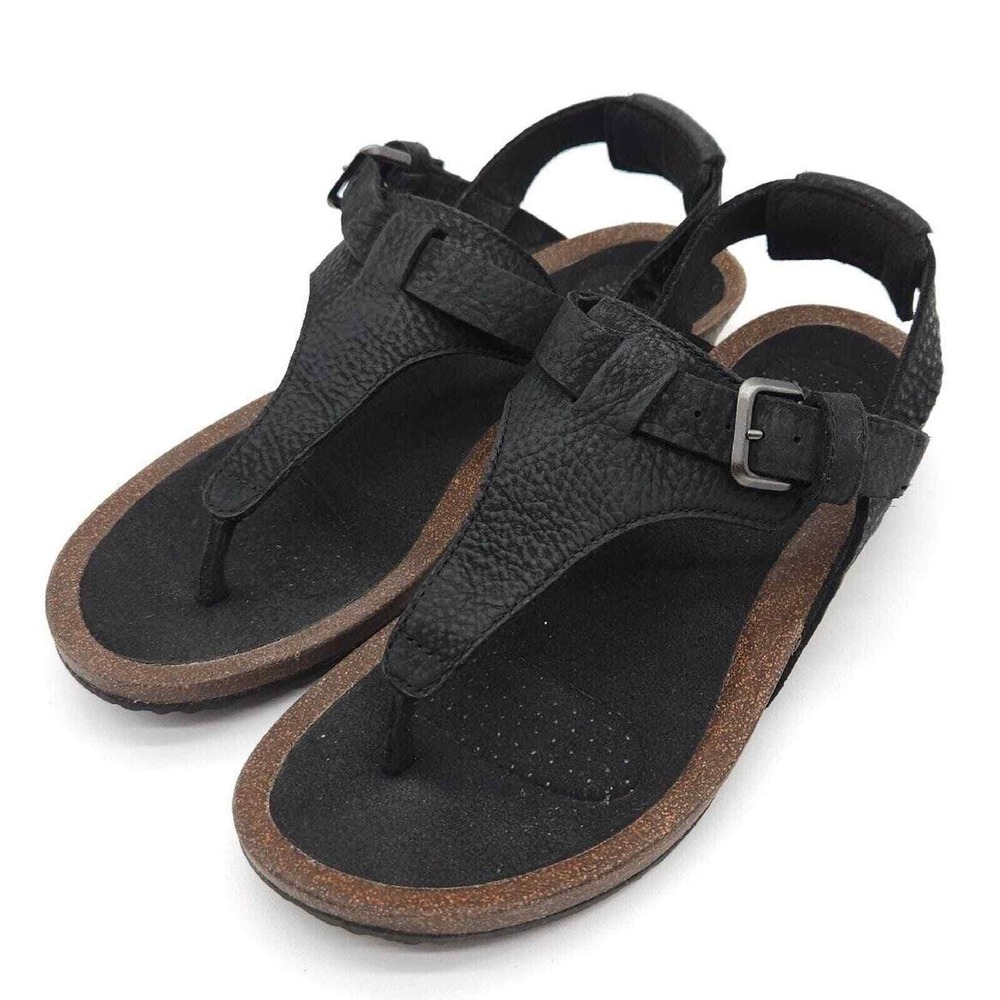 Teva (Women's 7) Black Mahonia Cork T-Strap Sandals Leather Thong Strappy Buckle